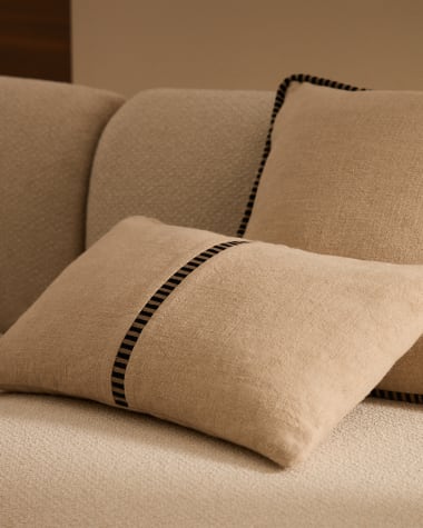 Ardit beige linen and cotton cushion cover contrasting black embroidered stripe 30 x 50 cm