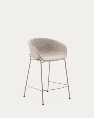 Tamboret Yvette de vellut beige i potes d'acer amb acabat beige, altura 65 cm.