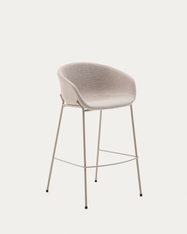 Sgabello Yvette di ciniglia beige e gambe in acciaio con finitura beige altezza 75 cm