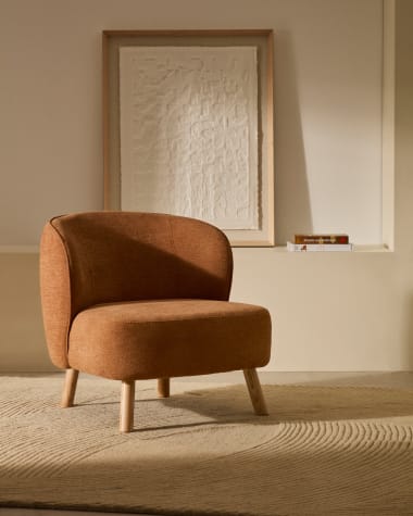 Ulit armchair in terracotta chenille with solid beech wood legs in a natural finish