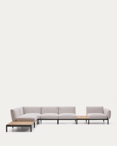 Canapé d’angle modulable d'extérieur Sorells 5 places revêtement beige et aluminium vert accompagné de tables en teck 277 x 446 cm FSC 100 %