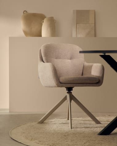 Lexa swivel chair in beige chenille and steel legs in a beige finish