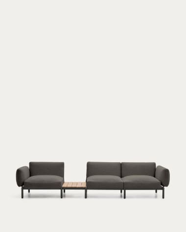 Canapé modulable d'extérieur Sorells 3 places revêtement gris et aluminium gris accompagné d’une table en teck 341 x 113 cm FSC 100 %