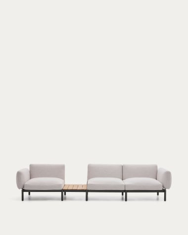 Canapé modulable d'extérieur Sorells 3 places revêtement beige et aluminium gris accompagné d’une table en teck 341 x 113 cm FSC 100 %
