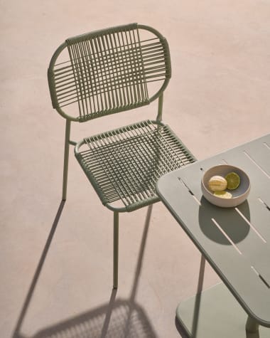 Talaier stackable outdoor chair made from synthetic cord and galvanised turquoise steel