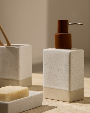 Careli soap dispenser in beige stoneware and acacia wood