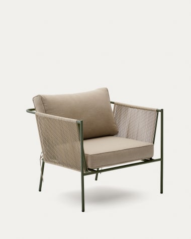 Outdoor-Sessel Zivia aus écrufarbenem Seil und grün verzinktem Stahl