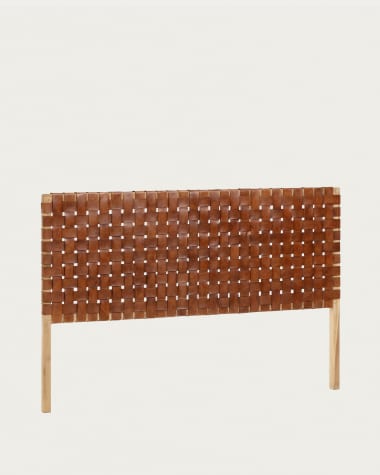 Calixta solid teak wood and leather headboard with natural finish for a bed up to 150 cm