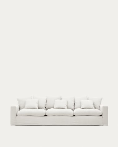 4-Sitzer Sofa Nora mit abnehmbarem Bezug und Kissen aus Leinen und Baumwolle in Ecru 340 cm