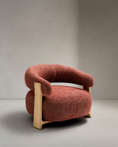 Granite terracotta chenille armchair with solid ash wood legs in a natural tone finish FSC 100%
