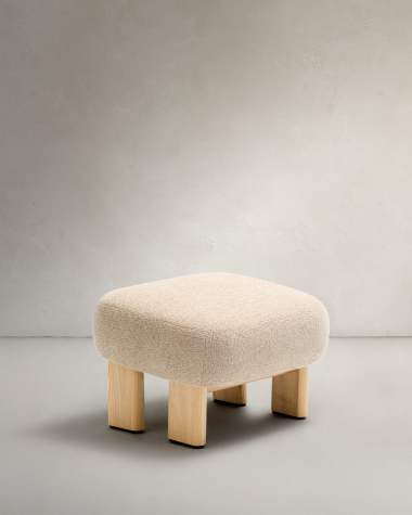 Nema beige chenille footstool with solid ash wood legs natural finish 65x55.4 cm FSC 100%