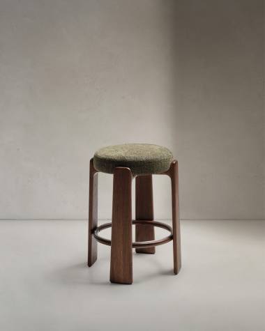 Granite stool in green chenille and solid ash wood with walnut-coloured finish FSC 100% 65cm