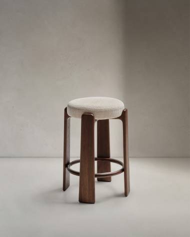 Granite stool in beige chenille and solid ash wood with walnut-coloured finish FSC 100% 75cm