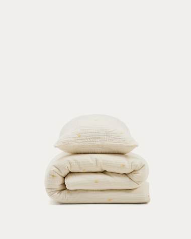 Dorani duvet cover and pillow case set in double-gauze cotton with embroidery detail for 70cm bed