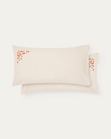 Virelda set of 2 beige cotton and linen pillow cases with embroidery detail 50 x 80 cm
