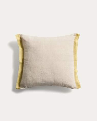 Disea cushion cover in beige linen with yellow detail 45 x 45cm