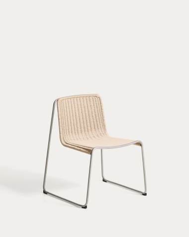 Tavari stackable chair in beige synthetic rope cord and brushed-effect stainless steel