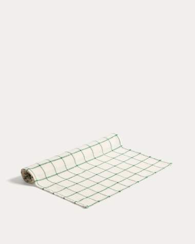 Adesta table runner in 100% cotton ecru with green checks 50 x 150 cm