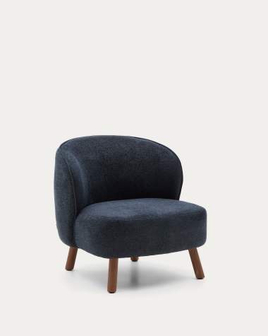 Ulit armchair in blue-grey chenille with solid ash wood legs with walnut finish