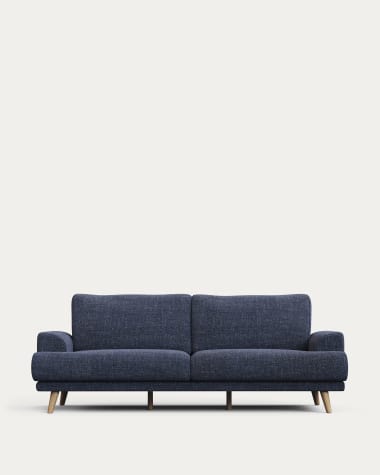 Karin 3-seater sofa dark blue with solid beech wood legs with natural finish, 231 cm