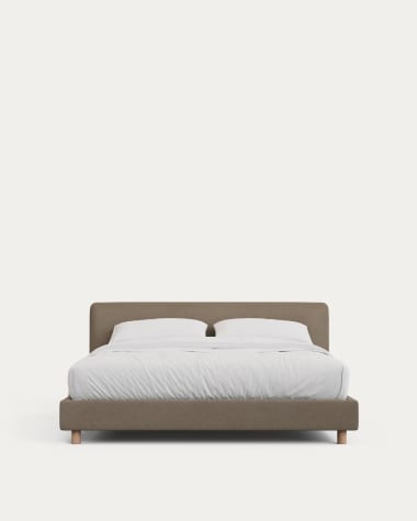 Valma brown chenille bed with removable cover with solid beech wood legs for 160 x 200cm mattress