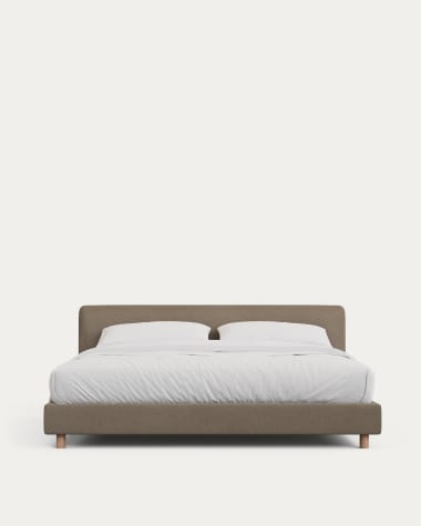 Valma brown chenille bed with removable cover with solid beech wood legs for 180 x 200cm mattress