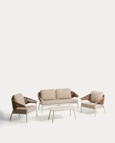 Zuara set with 3-seater sofa, 2 armchairs and outdoor table in ecru aluminium and brown synthetic rope cord