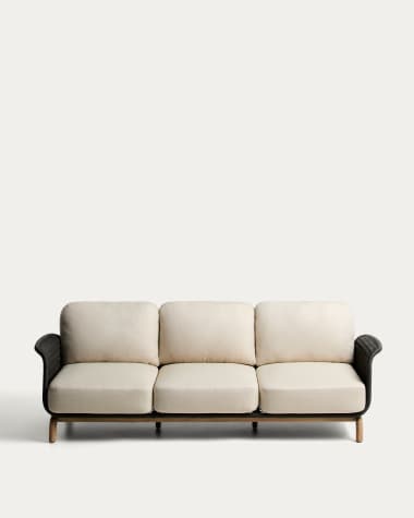 Alipa 3-seater sofa in solid acacia wood and dark grey rope cord 235 cm