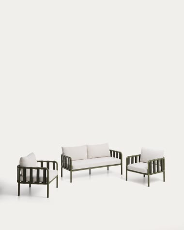 Omala set consisting of 2-seater sofa and 2 armchairs with green aluminium structure