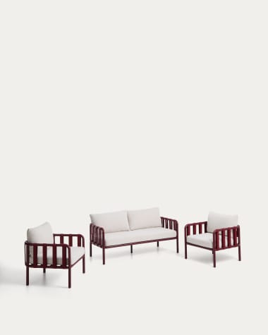 Omala set consisting of 2-seater sofa and 2 armchairs in burgundy rope cord and aluminium