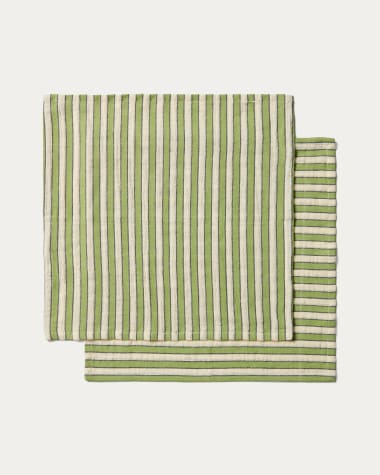Ulena set of 2 green striped 100% cotton napkins 35 x 35cm