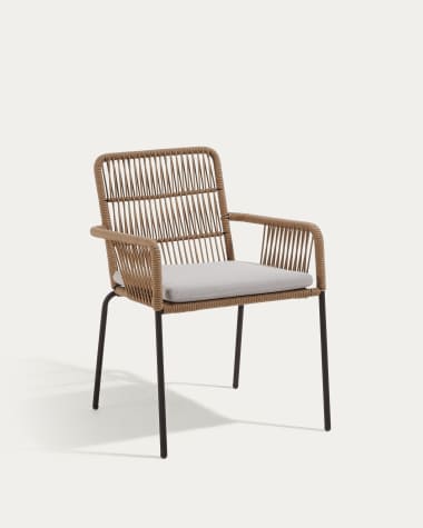 Samanta stackable chair made from beige cord and galvanised steel legs.