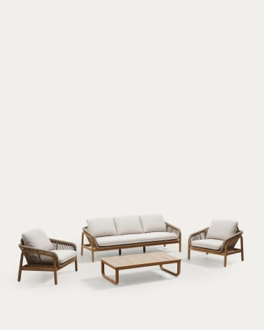 Set Vellana 3-zitsbank, 2 fauteuils en koffietafel van FSC 100% massief acaciahout beige t