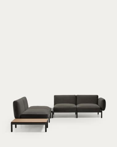 Canapé d’angle modulable d'extérieur Sorells 4 places revêtement gris et aluminium gris accompagné d’une table en teck 353 x 316,5 cm FSC 100 %