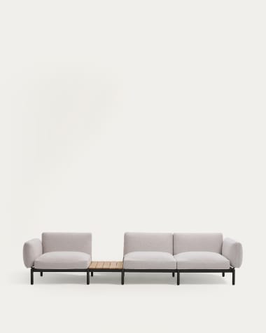 Divano modulare da esterno Sorells 3 posti con rivestimento beige e in alluminio grigio con tavolo in teak 341 x 113 cm FSC 100% FSC