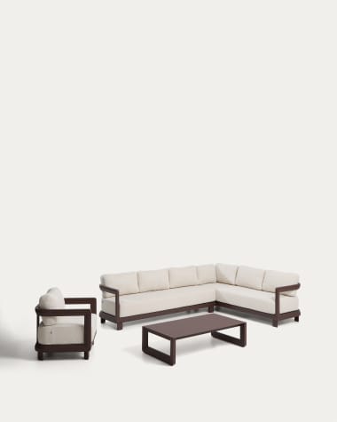 Nerano set with 5-seater corner sofa, armchair and coffee table in tempered glass and brown aluminium