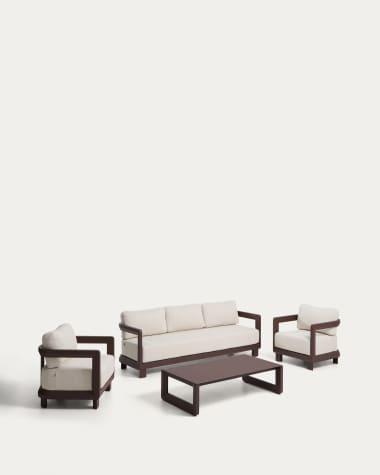 Nerano set with 3-seater sofa, 2 armchairs and coffee table in tempered glass and brown aluminium