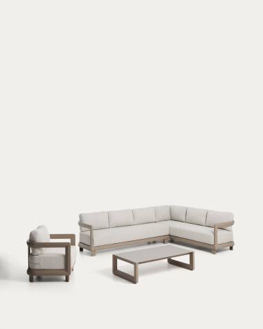 Nerano set with 5-seater corner sofa, armchair and coffee table in tempered glass and taupe aluminium