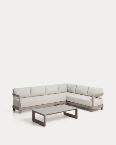 Nerano set with 5-seater corner sofa and coffee table in tempered glass and taupe aluminium