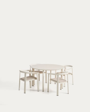 Erice set of 4 stackable chairs in aluminium and rope cord and a table in ecru aluminium and tempered glass Ø120cm