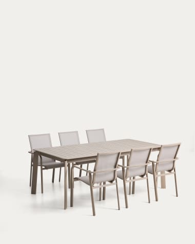 Set composto da tavolo allungabile Brela in alluminio tortora e 6 sedie Canea in alluminio tortora e textilene beige 205 (287) x 100 cm