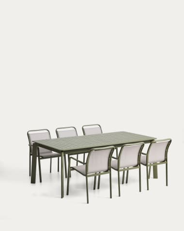 Set with Brela extendable table in green aluminium and 6 Luri chairs in green aluminium and beige texteline 205(287)x100cm