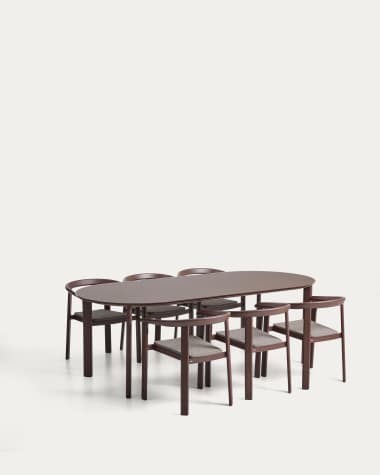 Erice set of 6 aluminium and rope cord stackable chairs and a table in brown aluminium and tempered glass 180 x 90cm