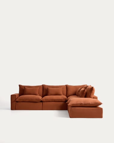 Modulares 6-Sitzer-Ecksofa Anarela mit abnehmbarem Bezug aus Leinen in Terrakotta, 347 x 307 cm, FSC Mix Credit