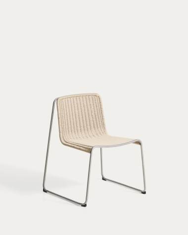 Tavari stackable chair in beige synthetic rope cord and AISI 304 stainless steel with brushed finish