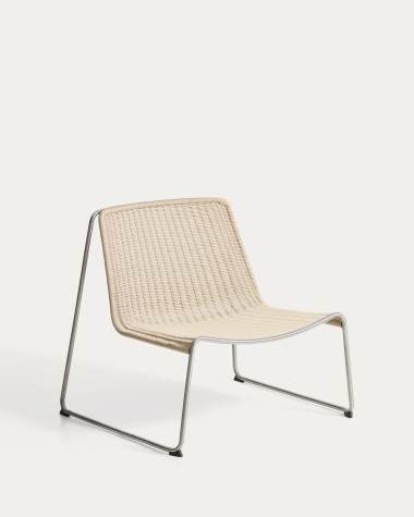 Tavari stackable armchair in beige synthetic rope cord and AISI 304 stainless steel with brushed finish