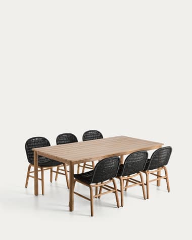 Set with Sori table in solid acacia wood and 6 Alipa chairs in graphite solid acacia wood and rope cord 200 x 100cm FSC 100%