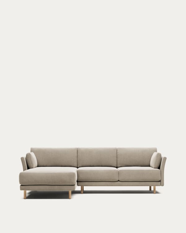 Gilma fire-retardant 3-seater sofa with right/left chaise longue in green chenille with natural-finish legs 260cm