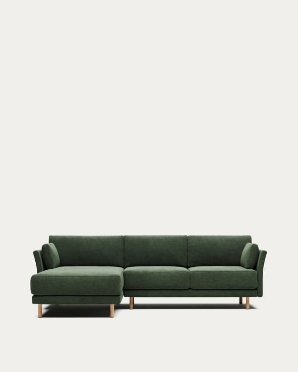 Gilma fire-retardant 3-seater sofa with right/left chaise longue in thick green corduroy with black-finish legs 260cm