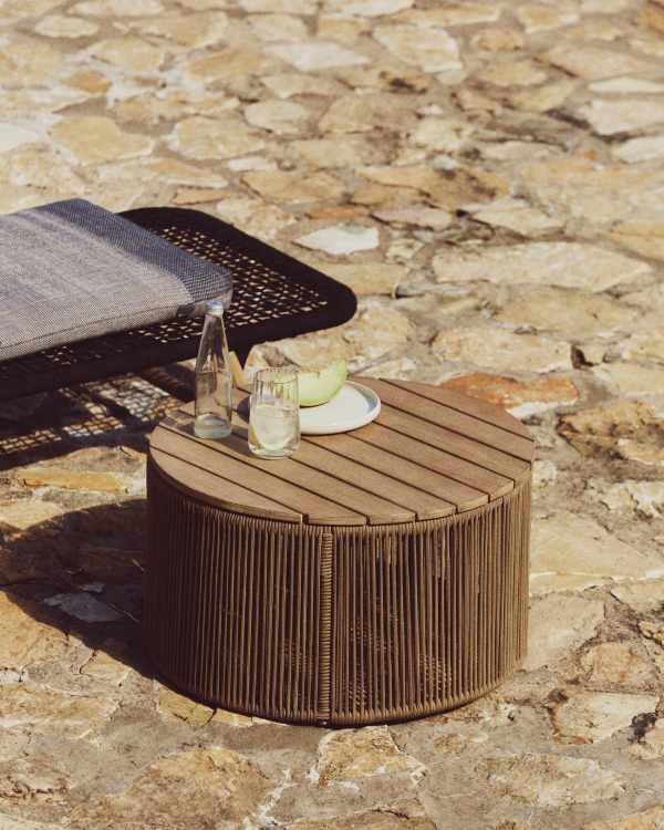 Dandara coffee table made of steel, beige cord and solid acacia wood, Ø60 cm FSC 100%